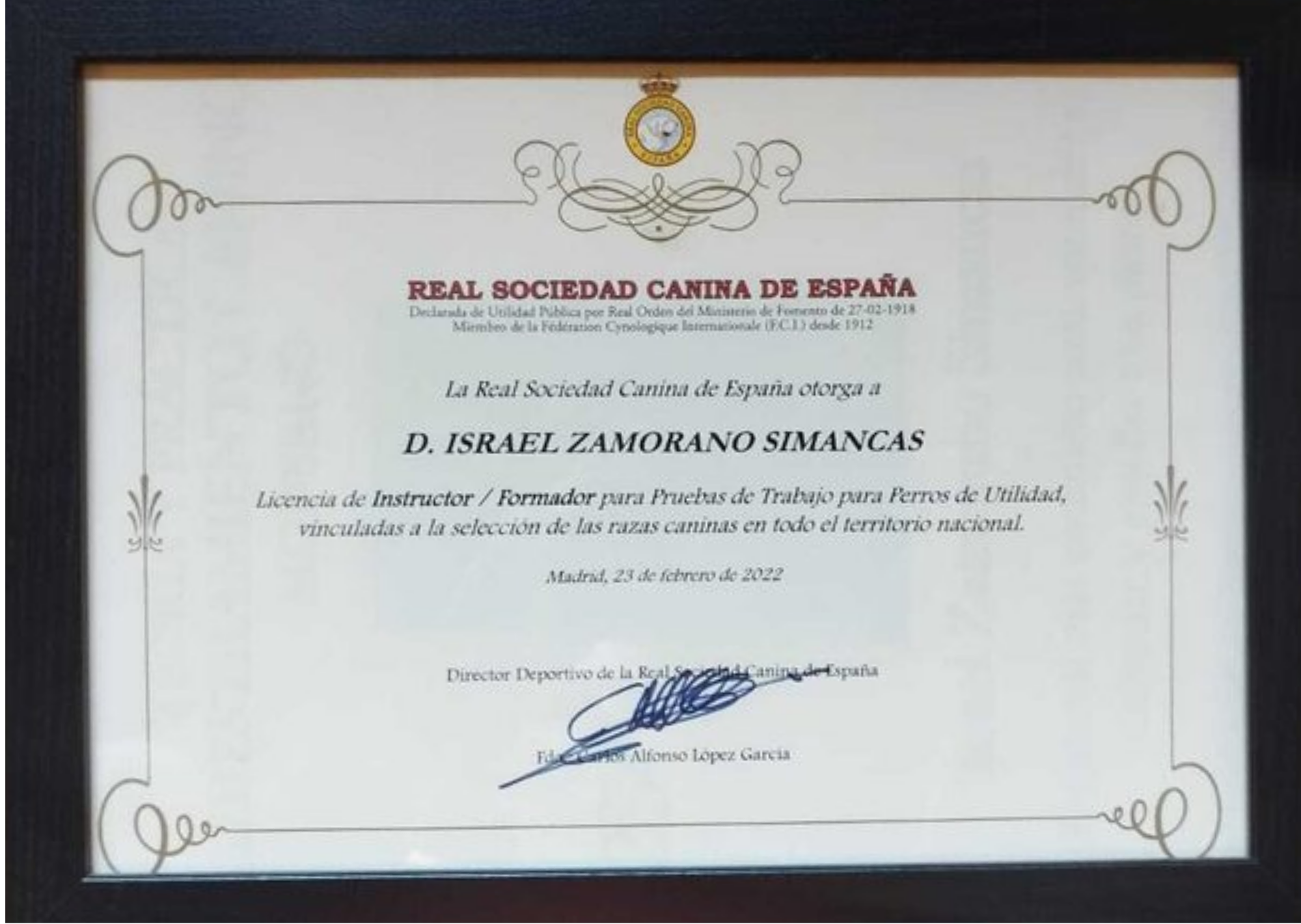 Certificado profesional de Israel Zamorano