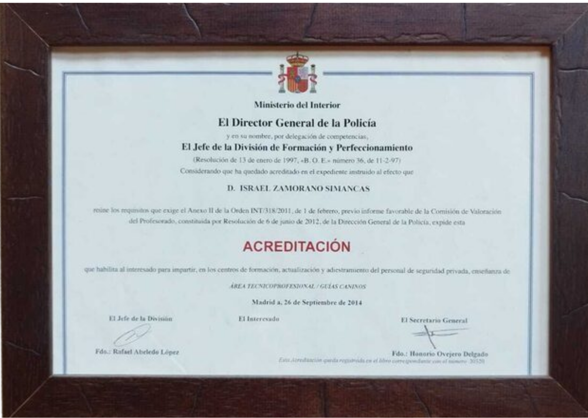Certificado profesional de Israel Zamorano