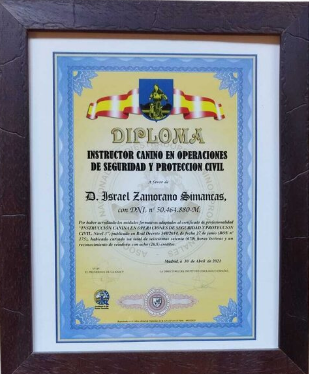 Certificado profesional de Israel Zamorano