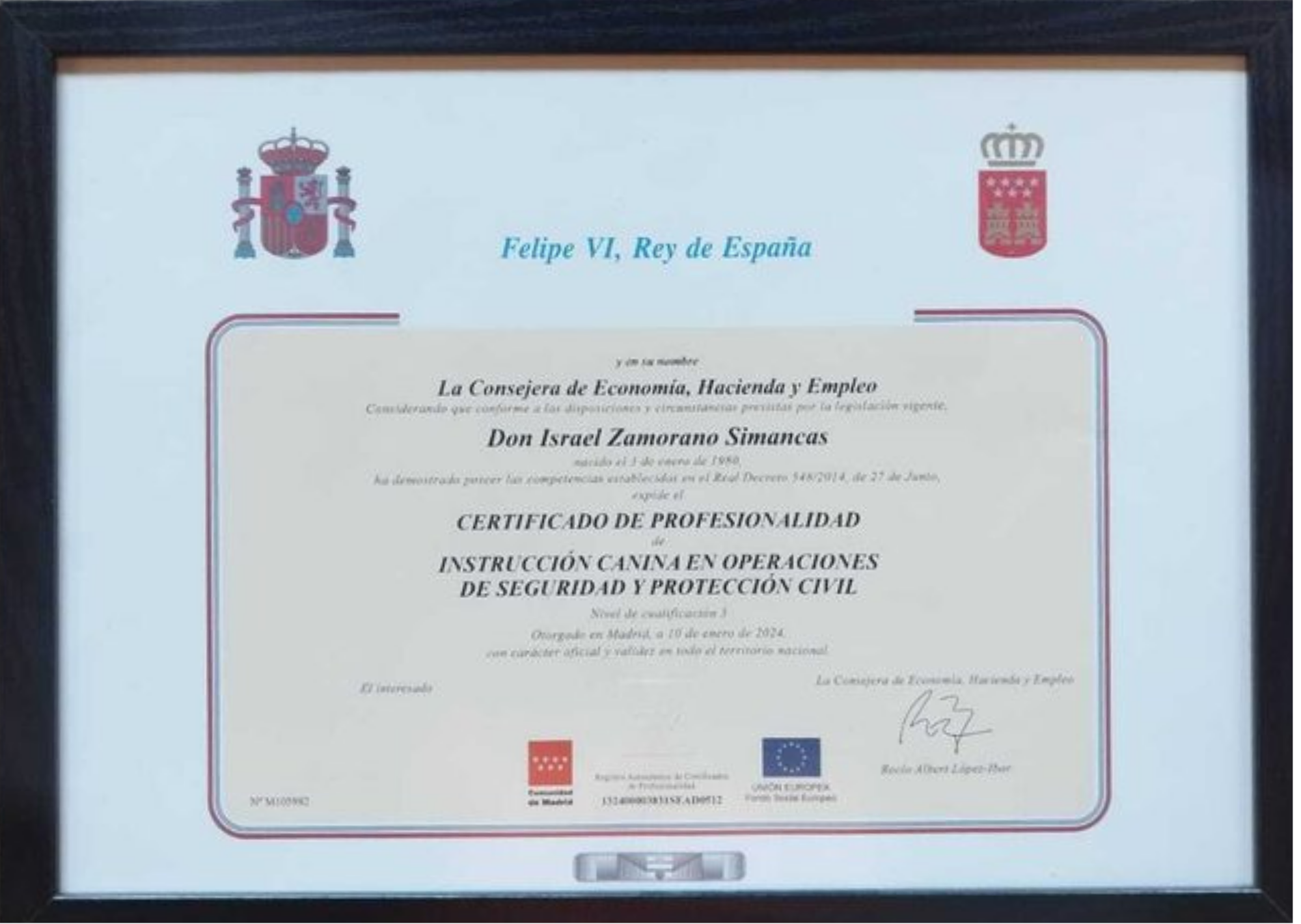 Certificado profesional de Israel Zamorano